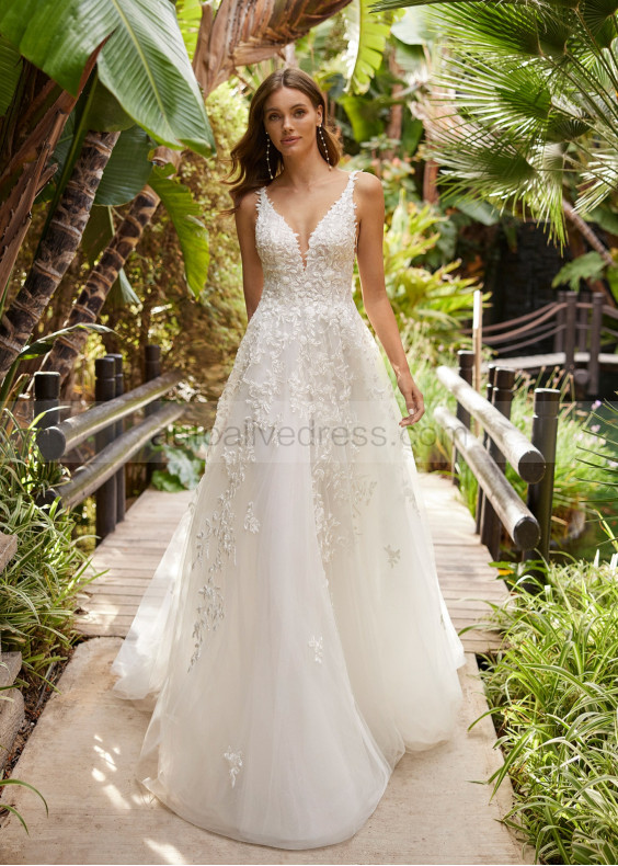 Ivory Lace Glitter Tulle Open Back Top Fashion Wedding Dress